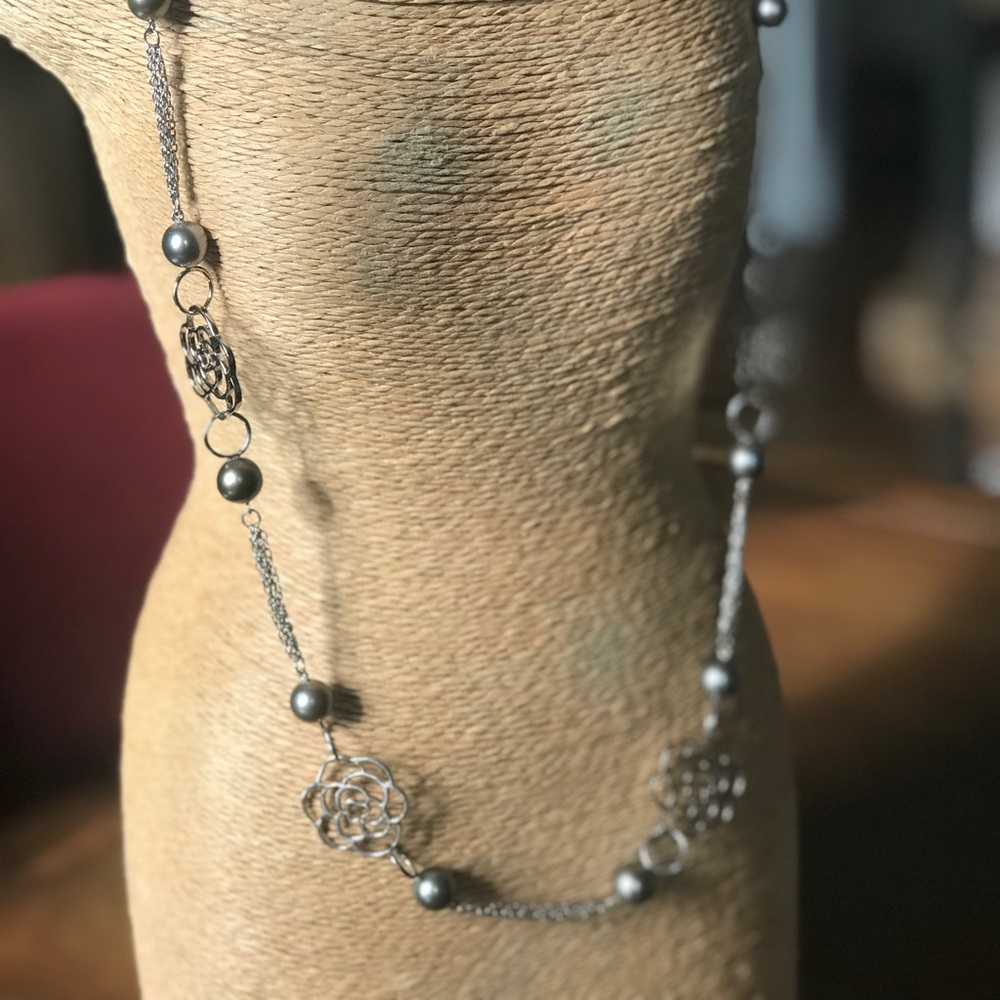 NWOT Long Silver and Tahitian Pearl Necklace